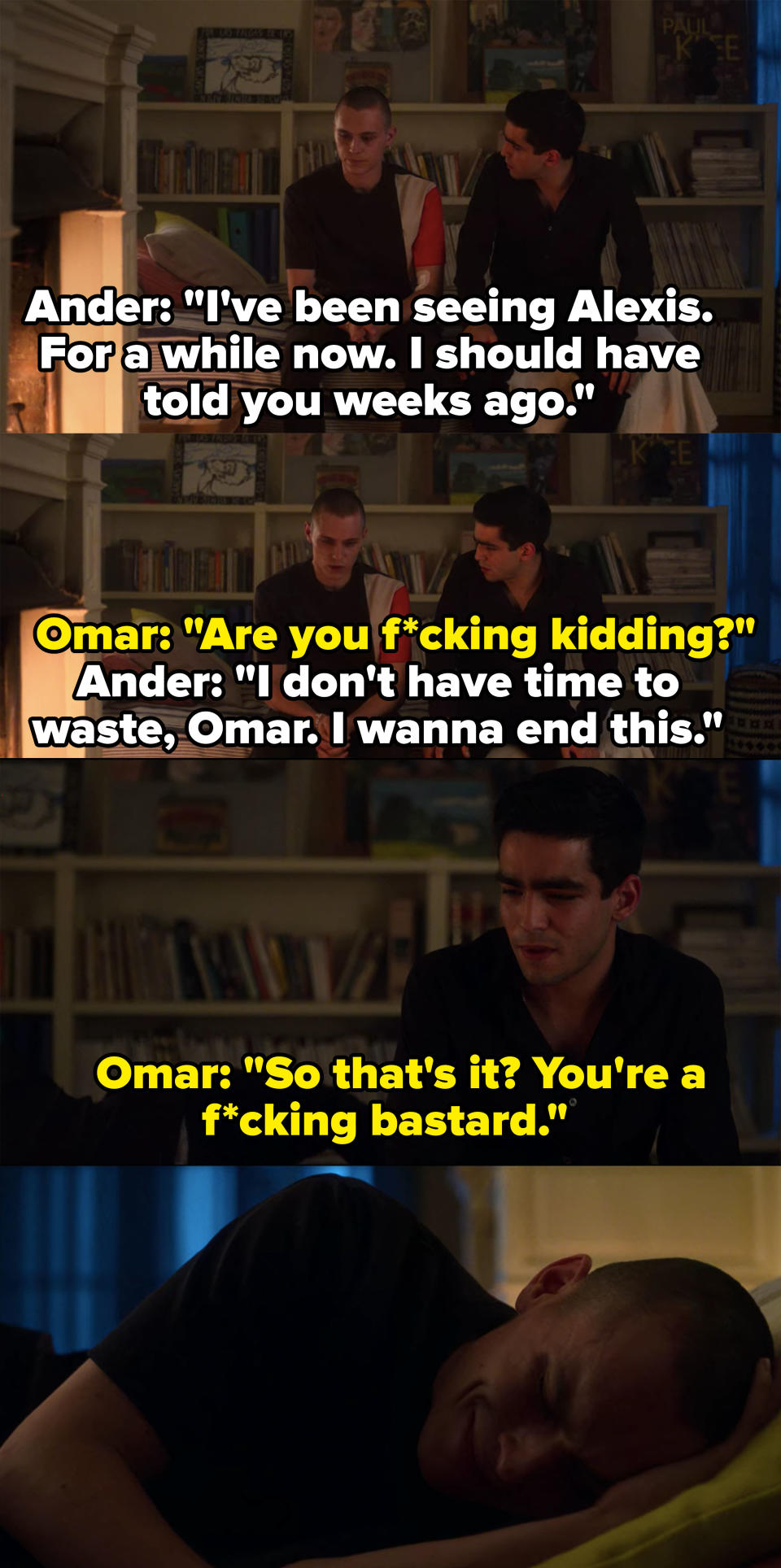 Ander lies to Omar and says he's cheating on him so that he can avoid confronting Omar over his actual cheating, Omar calls him a bastard and Ander turns away sobbing