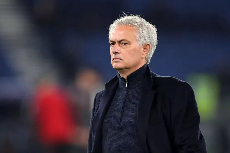 Jose Mourinho looks on during the warm up prior to the Coppa Italia match between SS Lazio and AS Roma.