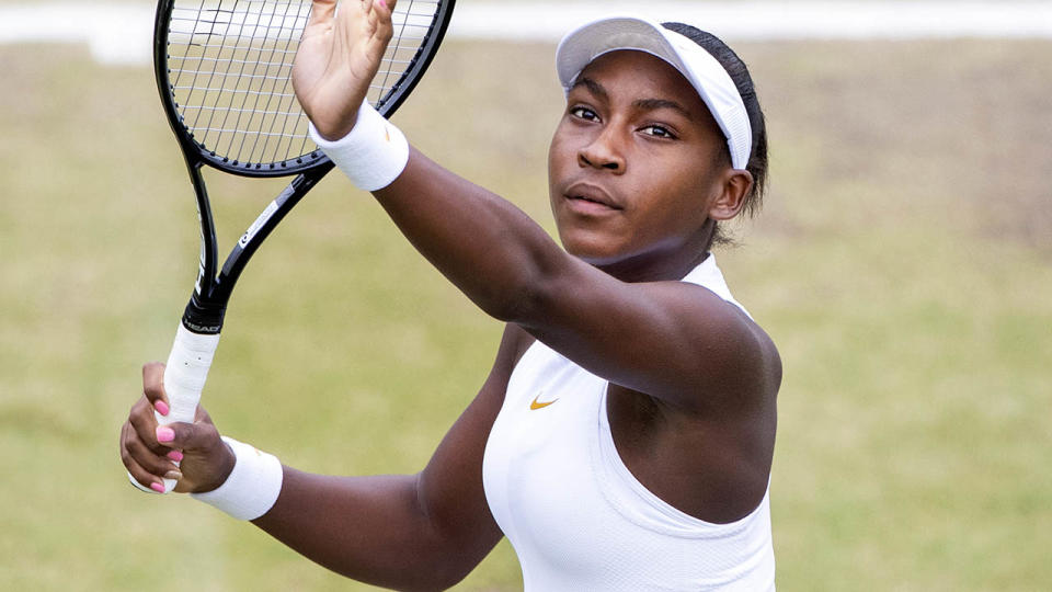 Cori Gauff playing at the Junior Wimbledon event in 2018. (Photo by Tim Clayton/Corbis via Getty Images)