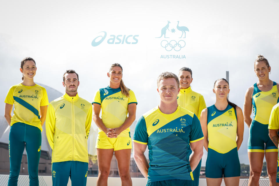  Australian athletes pose during the Australian Olympic Team Tokyo 2020 uniform unveiling at the Overseas Passenger Terminal on March 31, 2021 in Sydney, Australia.