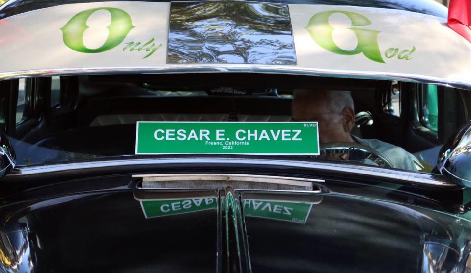 Albert Álvarez of the Fresno Bombs Car Club showed up with his 1937 Plymouth at the July 26, 2024 celebration of Cesar Chavez Boulevard in southeast Fresno.