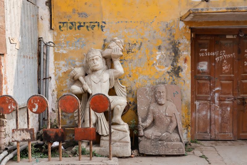 Hindu Lord Hanuman's idol is seen on a street, in Ayodhya