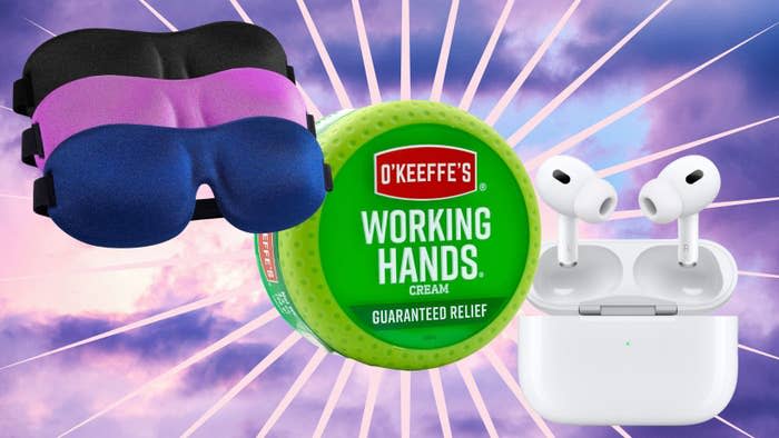 Light-blocking contoured sleep masks, O'Keefe's Working Hands cream and the Apple Airpods Pro.