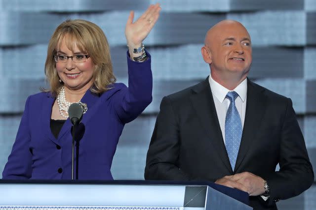 <p>Alex Wong/Getty</p> Former Arizona Rep. Gabby Giffords and future Arizona Sen. Mark Kelly deliver remarks at the 2016 Democratic National Convention