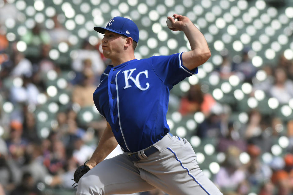 Kansas City Royals starting pitcher Kris Bubic throws against the Detroit Tigers in the fourth inning of a baseball game, Sunday, Sept. 26, 2021, in Detroit. (AP Photo/Jose Juarez)