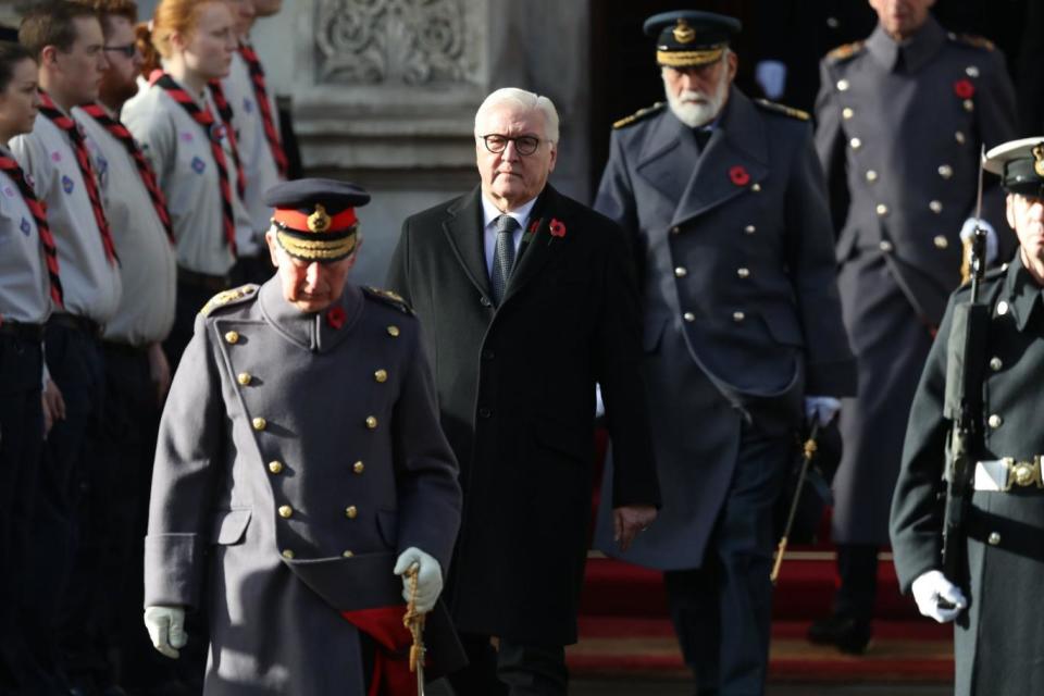 Prince of Wales, President of Germany Frank-Walter Steinmeier and Prince Michael of Kent during the remembrance service at the Cenotaph memorial in Whitehall (PA)