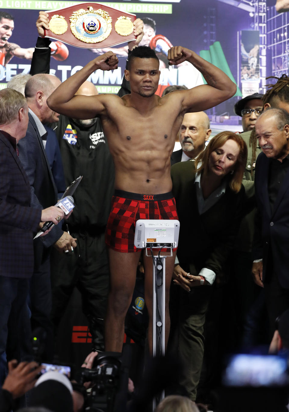 Eleider Alvarez, the WBO light heavyweight champion, poses during his weigh-in in Frisco, Texas, Friday, Feb. 1, 2019. Alvarez will put his title on the line Saturday night when he is scheduled to fight Sergey Kovalev of Russia. (AP Photo/Tony Gutierrez)
