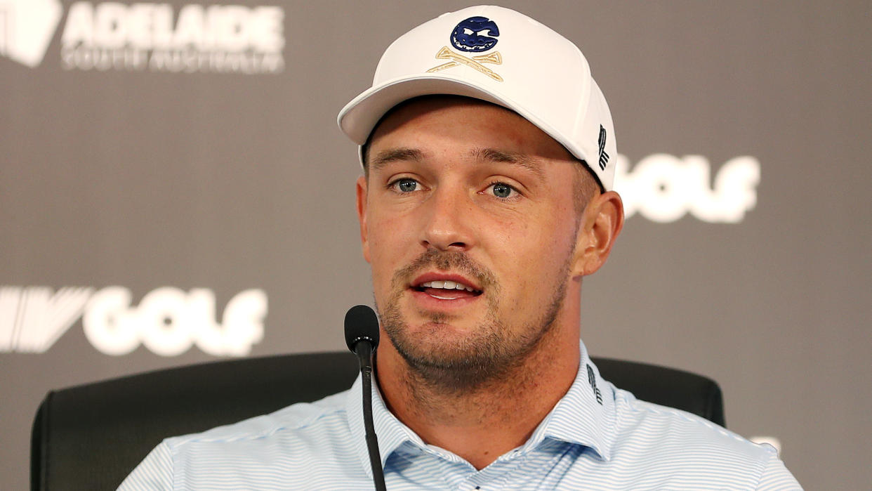  Bryson DeChambeau speaks at a press conference 