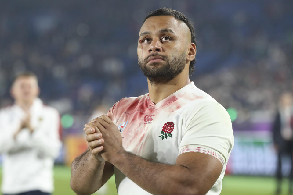 FILE - In this Saturday, Nov. 2, 2019 file photo, England's Billy Vunipola reacts after their Rugby World Cup final loss to South Africa at International Yokohama Stadium in Yokohama, Japan. There are more questions than answers in a massive rugby scandal that on Saturday, Jan. 18, 2020 saw English and European champion Saracens get relegated for breaching salary-cap regulations. They own some of the most high-profile players in the sport, like England captain Owen Farrell and World Player of the Year nominees Maro Itoje and Billy Vunipola (AP Photo/Eugene Hoshiko, file)