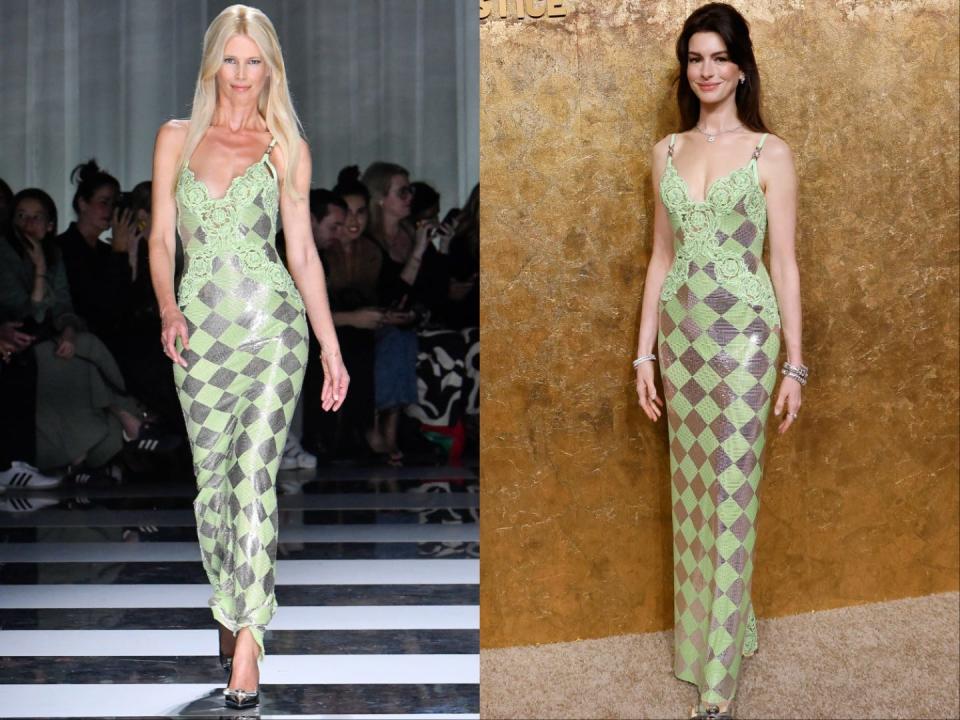 Claudia Schiffer walks the Versace runway and Anne Hathaway attends the Albie Awards.