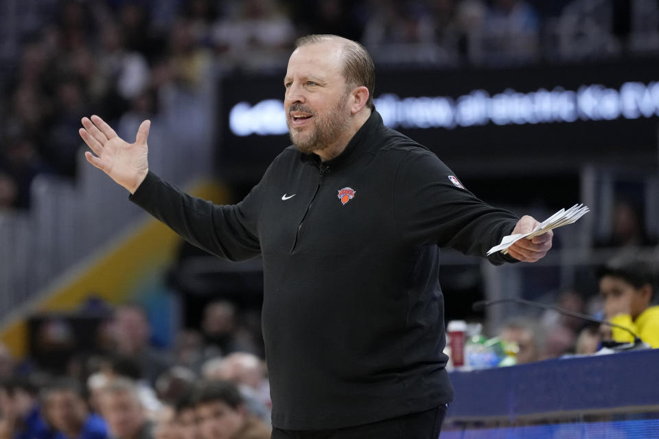 New York Knicks head coach Tom Thibodeau reacts toward officials during the first half of the team's NBA basketball game against the Golden State Warriors in San Francisco, Monday, March 18, 2024. (AP Photo/Jeff Chiu)