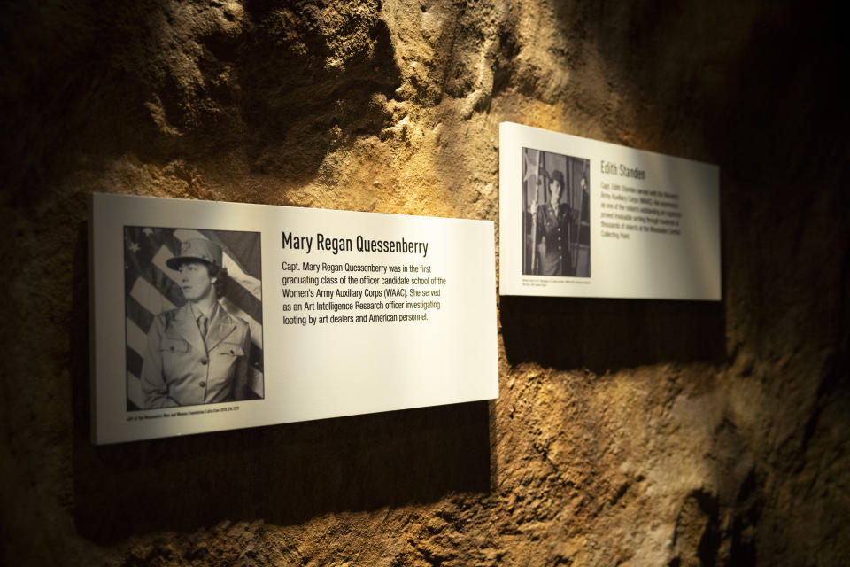 Plaques dedicated to Mary Regan Quessenberry and Edith Standen are displayed as part of a permanent exhibition about the Monuments Men and Women at The National WWII Museum in New Orleans, Thursday, Feb. 15, 2024. (AP Photo/Christiana Botic)