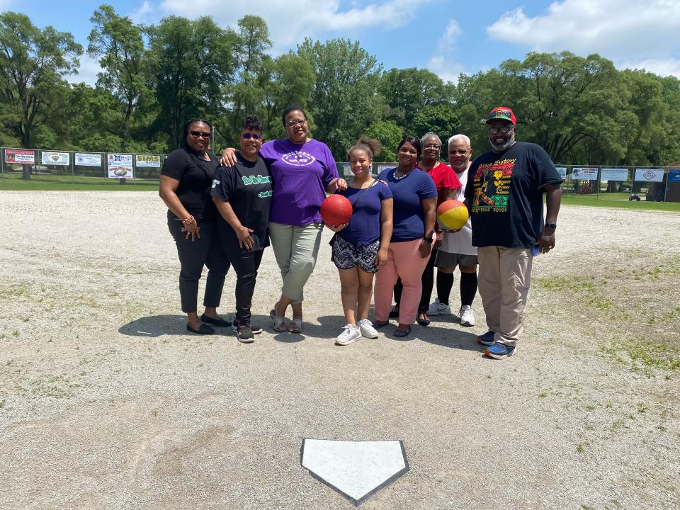 Members of the Battle Creek Juneteenth Celebration Committee stand for a photo at Fred Jones Stadium at Claude Evans Park in Battle Creek June 14, 2022.  From left are Beatrice Orns, Shirley Tuggle, Lynn Ward Gray, Morgan Jackson, Deondra Ramsey, Angela Cleveland, Ron Sweet and Sam Gray.