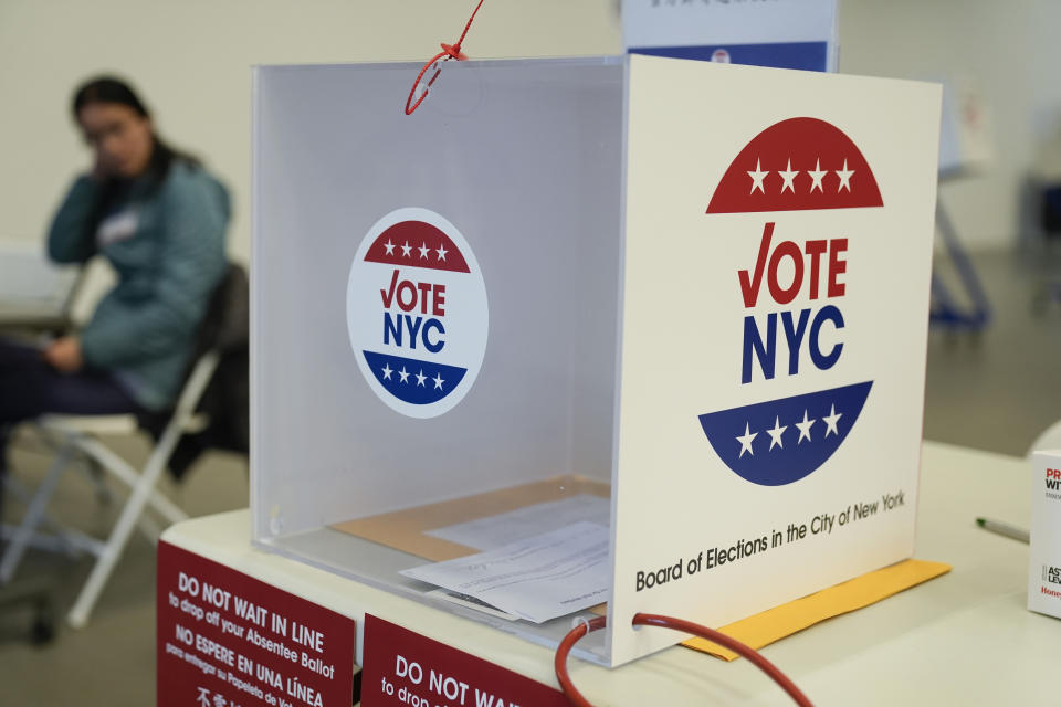 A mail ballot drop box is displayed at a polling site in New York, Tuesday, April 2, 2024. New York is among four states casting their ballots in the 2024 presidential primary; both President Joe Biden and former President Donald Trump already have enough delegates to secure their parties' nominations. (AP Photo/Seth Wenig)