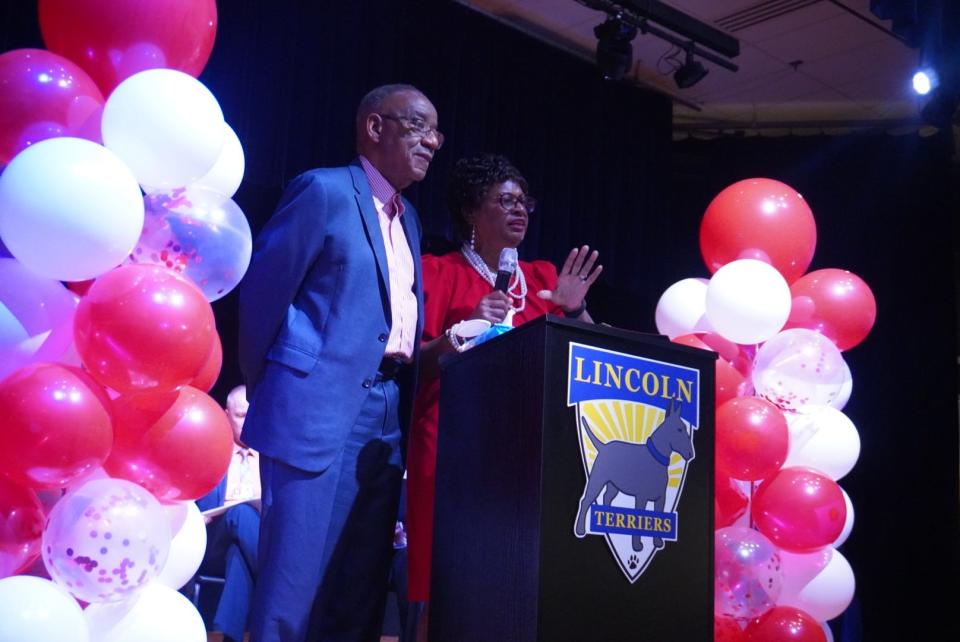 Ora and Albert White greeted attendees at the Lincoln High School ceremony on March 27. Albert White is founding president of the Lincoln High School Alumni Association.