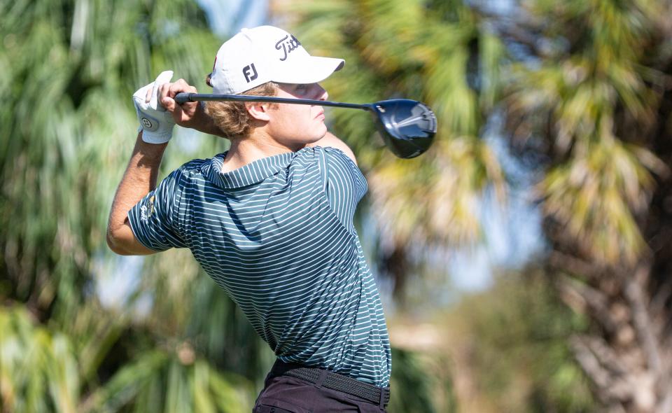 Callahan Seeber of the St. John Neumann golf team competes in the Region A-3 Golf Championships at Valencia Golf & Country Club in Naples on Tuesday, Oct. 31, 2023.