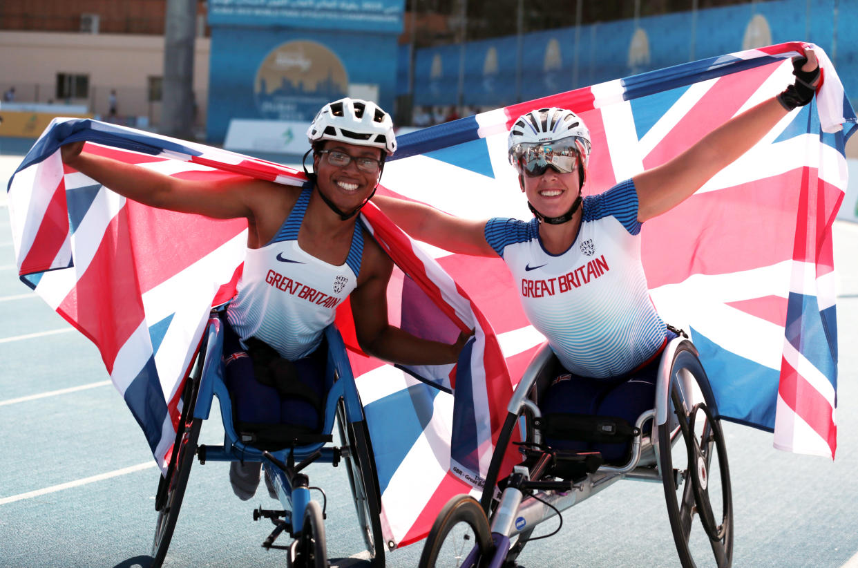 Hannah Cockroft celebrates winning the women's 800m T34 Final with second placed Kare Adenegan REUTERS/Christopher Pike