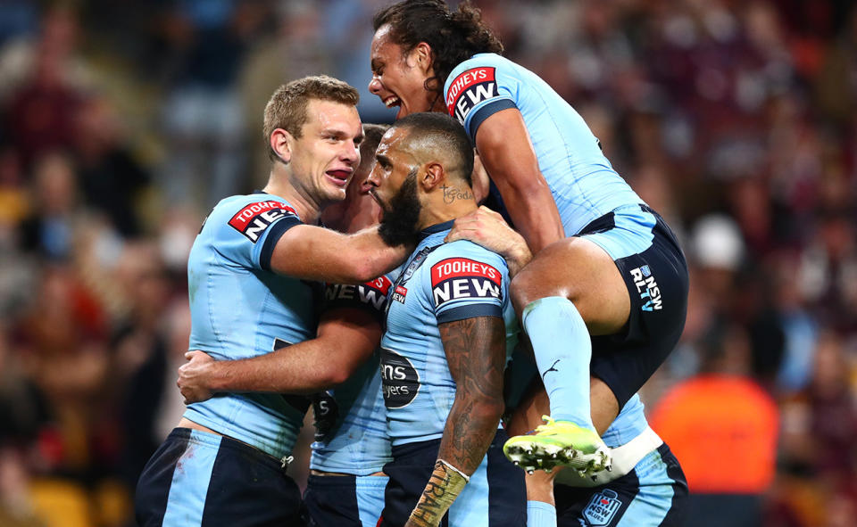 Tom Trbojevic and Jarome Luai, pictured here celebrating a try for NSW in 2021.