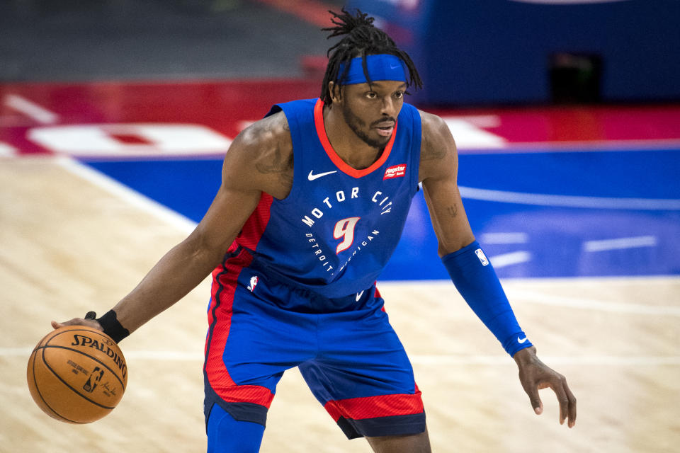 Jerami Grant #9 of the Detroit Pistons dribbles the ball against the San Antonio Spurs during the first quarter of the NBA game at Little Caesars Arena on March 15, 2021 in Detroit, Michigan. NOTE TO USER: User expressly acknowledges and agrees that, by downloading and or using this photograph, User is consenting to the terms and conditions of the Getty Images License Agreement. (Photo by Nic Antaya/Getty Images)