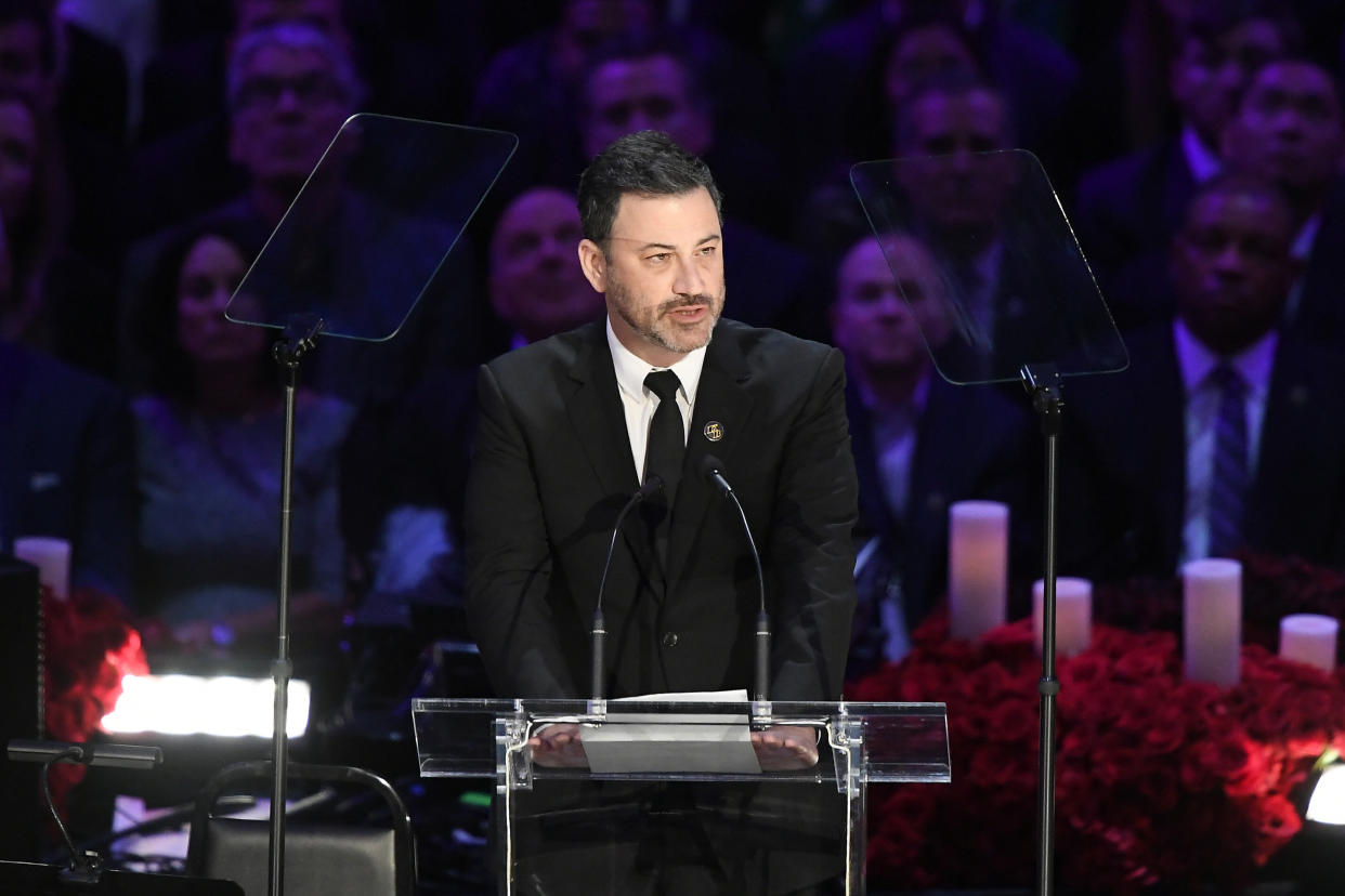 TV personality Jimmy Kimmel speaks during "The Celebration of Life for Kobe &amp; Gianna Bryant" at Staples Center on Feb. 24, 2020. (Photo: Kevork Djansezian via Getty Images)