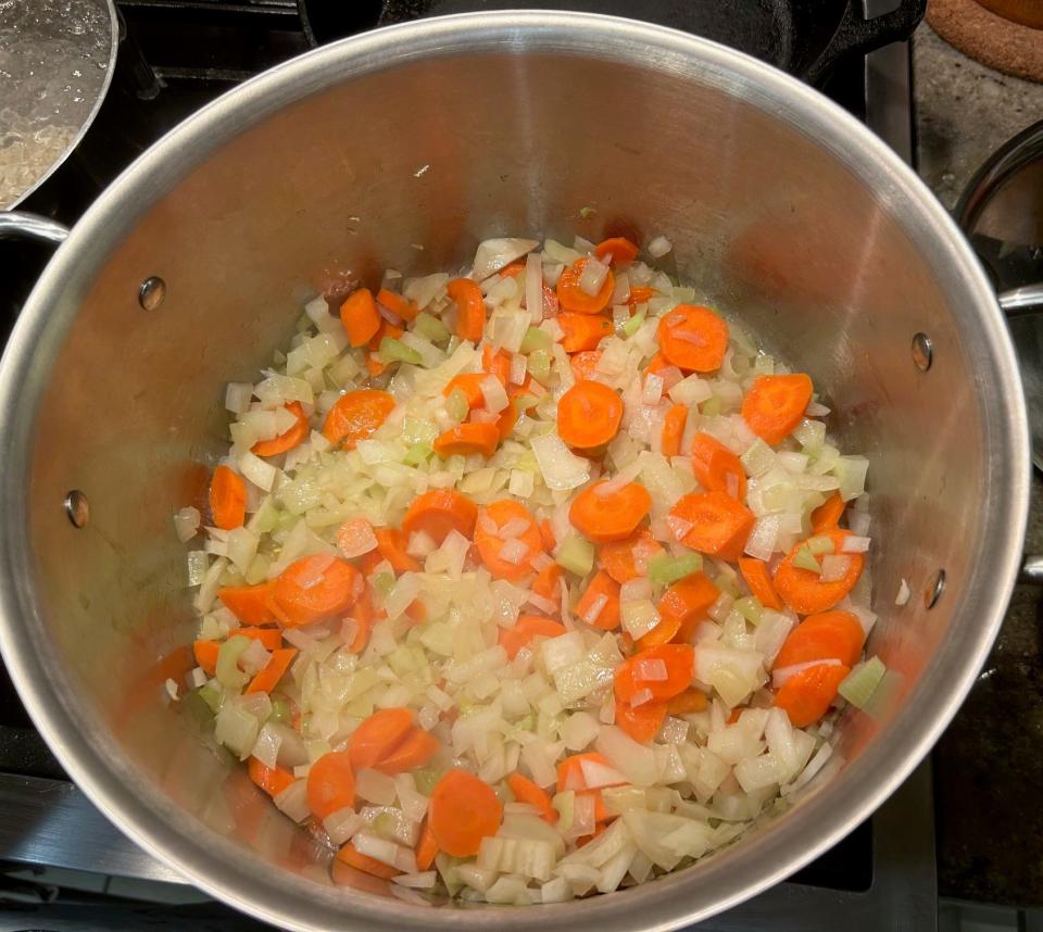 Cooking vegetables for Ina Garten's ravioli en brodo