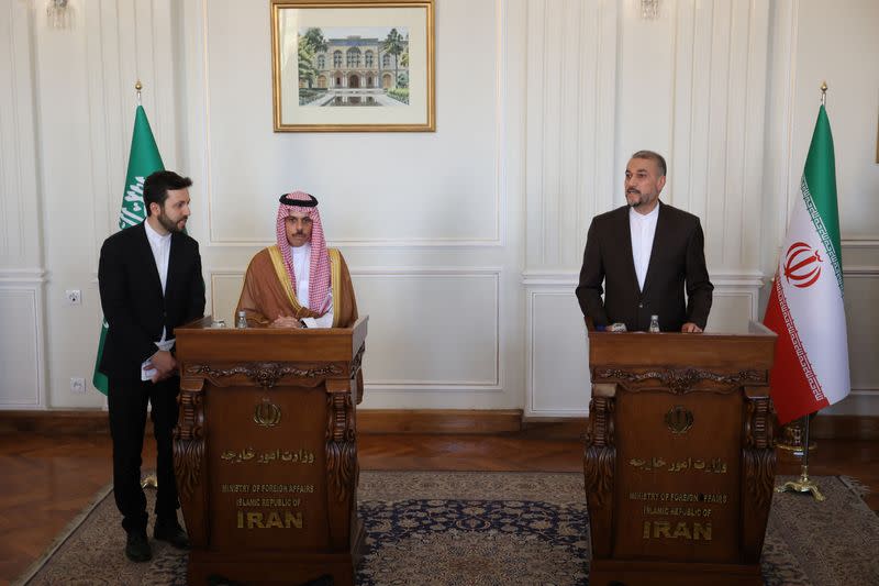 Iranian FM Hossein Amir-Abdollahian meets with Saudi Arabia's FM Prince Faisal bin Farhan Al Saud in Tehran