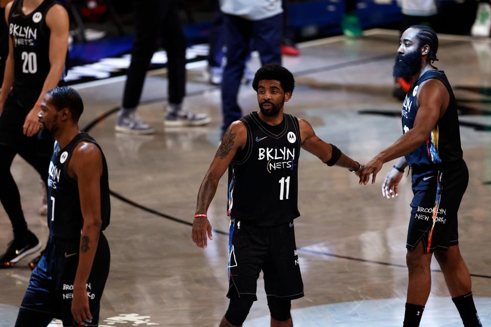 The Nets' Big 3 of Kevin Durant (7), Kyrie Irving (11) and James Harden are healthy to begin training camp. But Irving's vaccination status has become a hot topic.