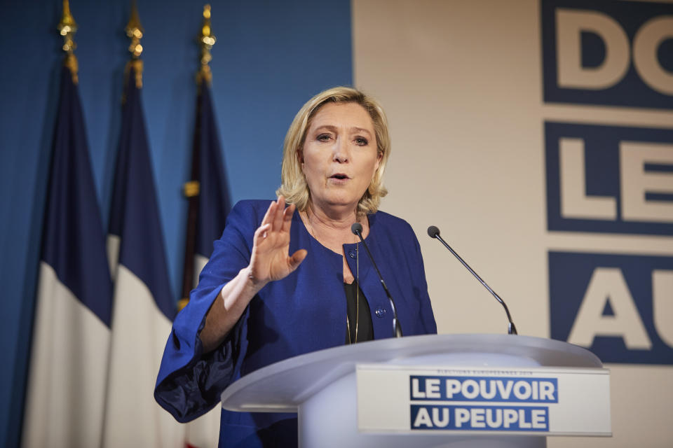 Marine Le Pen, President of the National Rally - formerly the National Front, addresses a rally ahead of the European Elections on May 21, 2019 in Villeblevin, France. (Photo: Kiran Ridley/Getty Images)