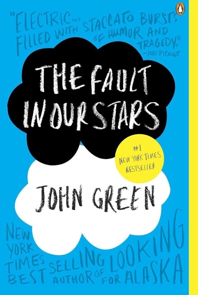 Book cover of "The Fault in Our Stars" by John Green, featuring a cloud and the silhouettes of a boy and a girl