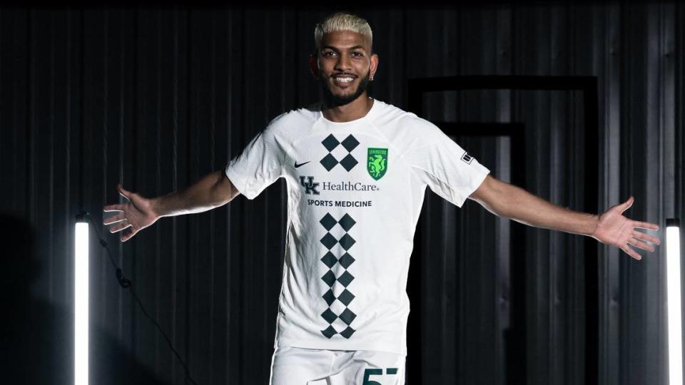 Terique Mohammed, one of 22 players on the inaugural Lexington Sporting Club roster, models the uniform kit the team will wear for road games. LSC will have played three road matches prior to its home debut on April 8 in Georgetown.