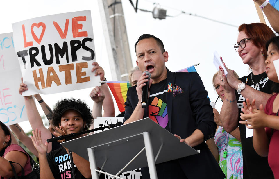 Carlos Guillermo Smith, Florida House District Representative (D) speaks during a protest against President Trump outside a rally where Trump officially launched his re-election campaign on June 18, 2019 in Orlando, Florida. (Gerardo Mora/Getty Images)