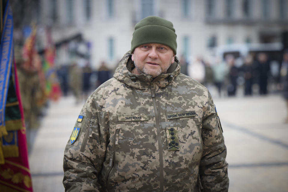 FILE - Commander-in-Chief of Ukraine's Armed Forces Valerii Zaluzhnyi. attends a commemorative event on the occasion of the Russia Ukraine war one year anniversary, in Kyiv, Ukraine, Friday, Feb. 24, 2023. Ukrainian President Volodymyr Zelenskyy said Thursday, Feb. 8, 2024 he met with Zaluzhnyi and told him it's time for someone new to lead the army. (Ukrainian Presidential Press Office via AP, File)