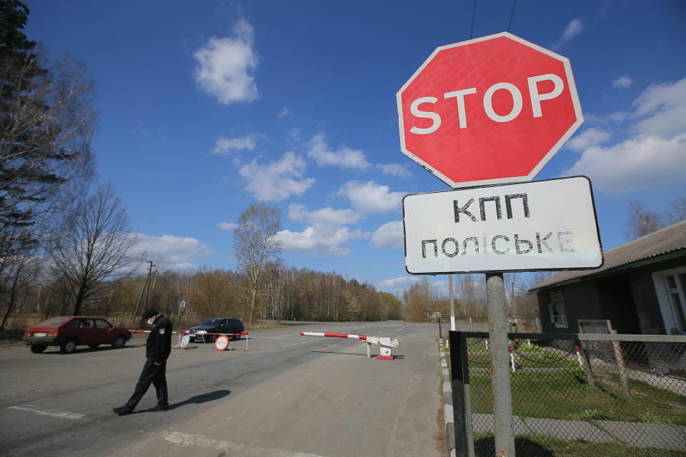 RAGOVKA, UKRAINE - APRIL 10: Checkpoint "Polesskoe" in radioactive Chernobyl zone in Polesskoe, Ukraine on April 10, 2020.  Fire from the radioactive Chernobyl zone approaches the village of Ragovka. Fires are dangerous for the nearest villages and neighboring countries. Authorities suspect arson of illegal visitors to the radioactive Chernobyl zone. (Photo by Stringer/Anadolu Agency via Getty Images)