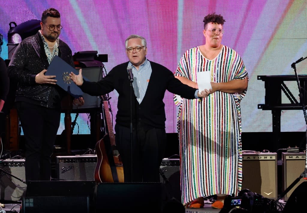 NASHVILLE, TENNESSEE - MARCH 20: Mayor John Cooper 
and Brittany Howard speak onstage during the Love Rising: Let Freedom Sing (and Dance) A Celebration Of Life, Liberty And The Pursuit Of Happiness show at Bridgestone Arena on March 20, 2023 in Nashville, Tennessee. (Photo by Jason Kempin/Getty Images)