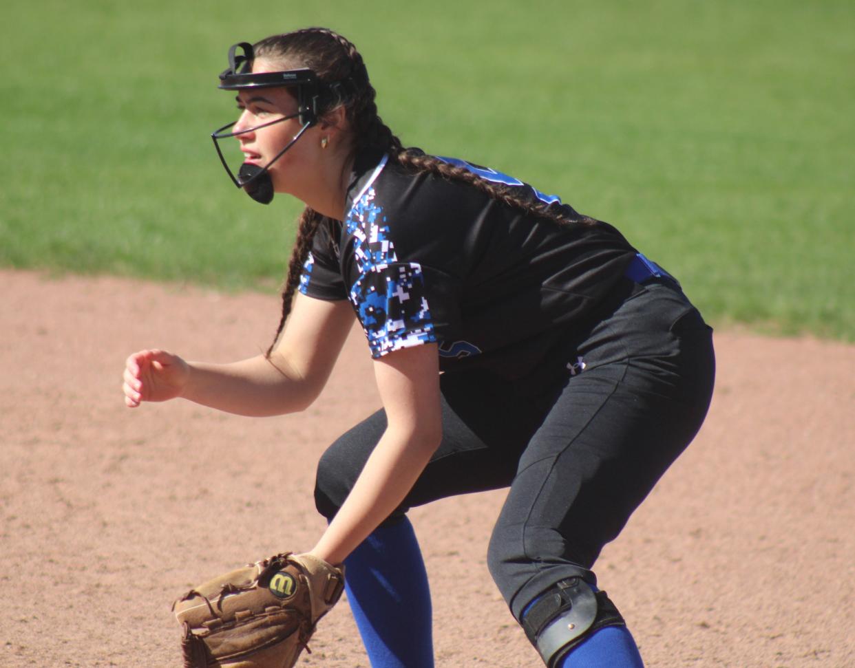 Inland Lakes senior Erica Taglauer gets ready at second base during game one against Mancelona on Friday.