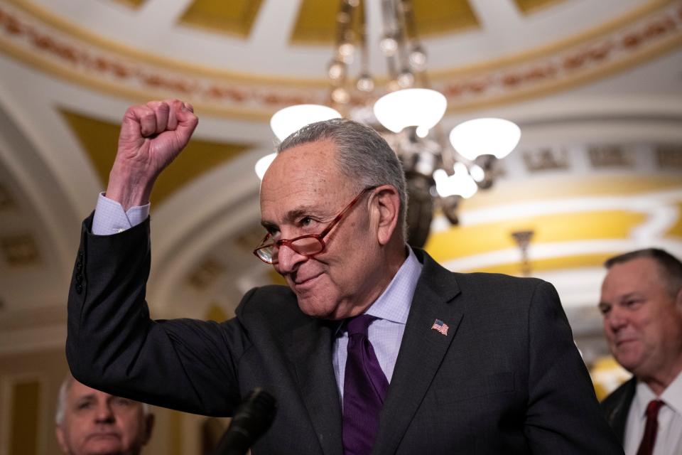 Senate Majority Leader Chuck Schumer (D-NY) speaks to reporters after meeting with Senate Democrats at the U.S. Capitol on November 29, 2022, in Washington, DC.