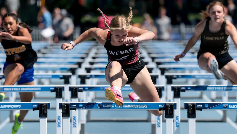 Weber’s Eden DeVries places first in heat 3 of the 6A girls 100-meter hurdles at the Utah high school track and field championships at BYU in Provo on Thursday, May 18, 2023.