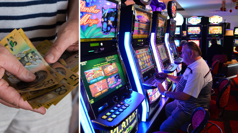 A composite image of a person holding $50 notes and a man sitting at a pokie machine gambling.