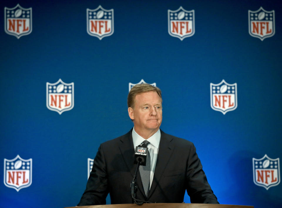 NFL commissioner Roger Goodell speaks during a press conference after the NFL owners meetings, Wednesday, Oct. 17, 2018, in New York. (AP Photo/Bebeto Matthews)