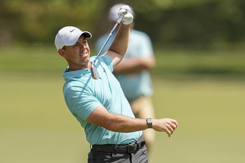 Rory McIlroy hits from the fairway on the second hole during the final round of the U.S. Open golf tournament at Los Angeles Country Club on Sunday, June 18, 2023, in Los Angeles. (AP Photo/George Walker IV)