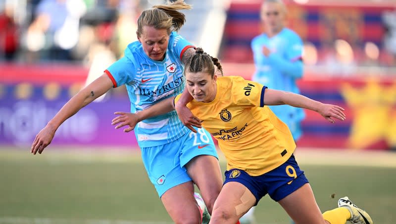 Utah Royals’ Allyson Sentnor battles Chicago Red Stars’ Maxi Rall for the ball as they play at America First Field in Sandy on Saturday, March 16, 2024.