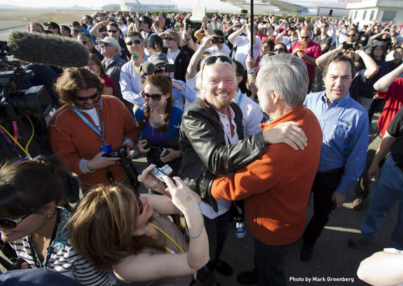 Sir Richard Branson & Burt Rutan share a moment after the success of Virgin Galactic's SpaceShipTwo breaking the speed of sound, on April 29, 2013, in the Mojave Desert.