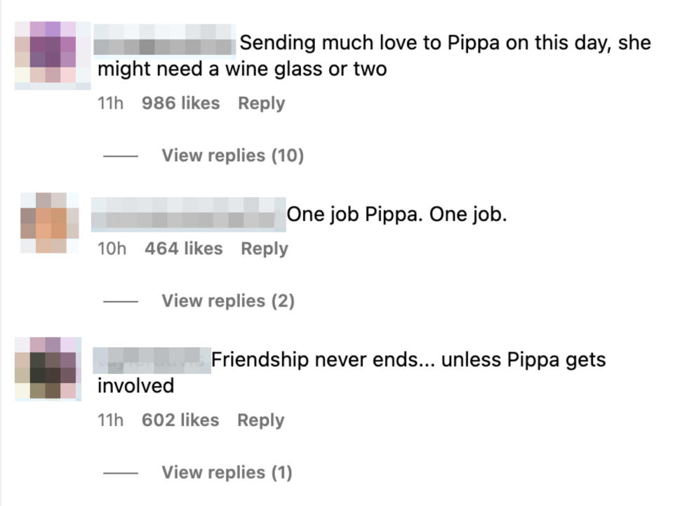 Instagram comments for Pippa: "Sending love to Pippa on this day, she might need a wine glass or two." "One job Pippa. One job." "Friendship never ends... unless Pippa gets involved."