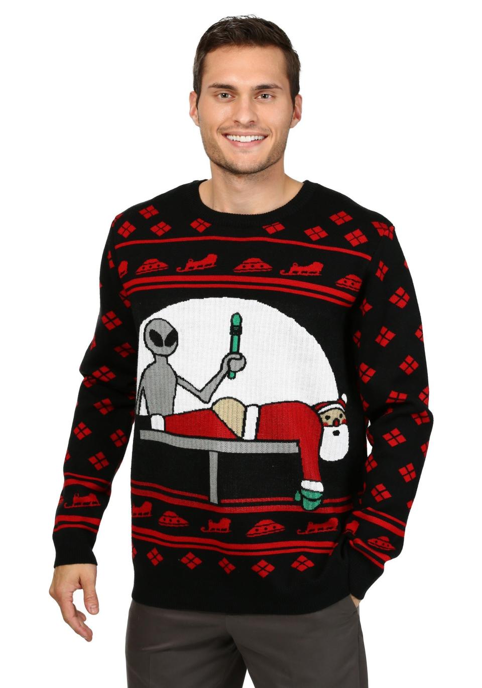 This <a href="https://www.fun.com/men-s-santa-probe-christmas-sweater.html" target="_blank">sweater</a> is a reminder that all men over 50 should get a colonoscopy -- even Santa.<a href="https://www.fun.com/men-s-santa-probe-christmas-sweater.html"><br /><br /></a>