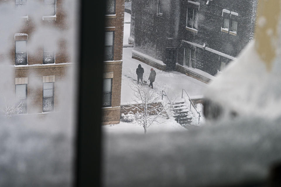 A couple walks a dog as snow falls in downtown Des Moines, Iowa, Tuesday, Jan. 9, 2024. (AP Photo/Andrew Harnik)