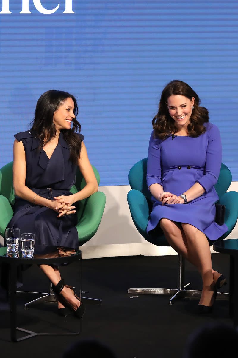 <p> While appearing at the first annual Royal Foundation Forum in London, Meghan and Kate Middleton showed just how different their styles were. Though both in shades of blue, Meghan chose a more contemporary ruffled dress by Jason Wu, while Kate wore a long-sleeve maternity dress by S&#xE9;raphine. </p>