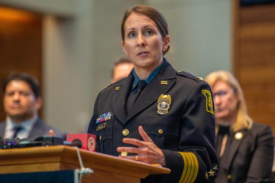 Kansas City Police Chief Stacey Graves answers questions from the media during a press conference at Kansas City Police Department Headquarters on Wednesday, May 17, 2023, in Kansas City.