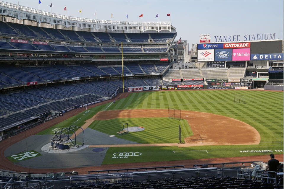 Yankee Stadium is seen devoid of players after a baseball game between the Toronto Blue Jays and the New York Yankees was postponed due to predicted inclement weather, Wednesday, May 26, 2021, in New York. The game will be played Thursday, May 27 at 4p.m. as part of a single admission doubleheader. (AP Photo/Kathy Willens)