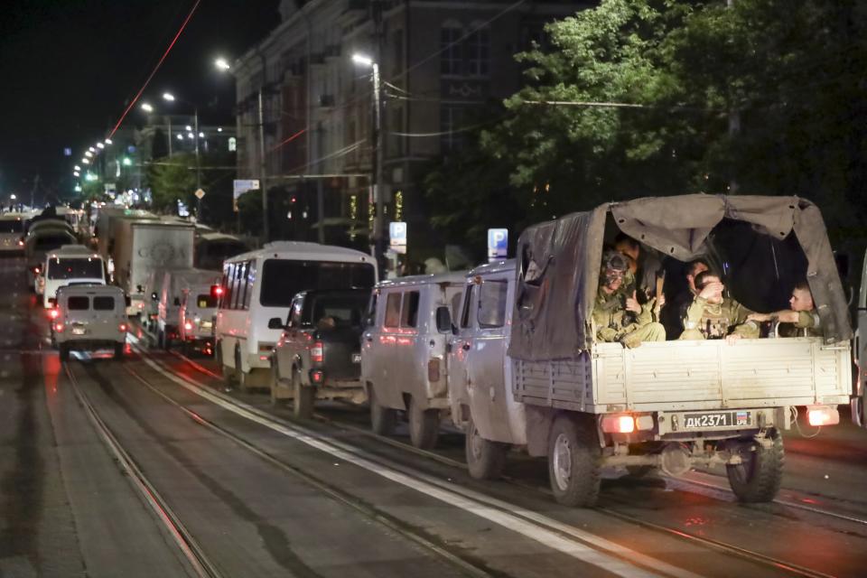 Servicemen of the Wagner Group military company sit in their military vehicles as they prepare to leave an area at the HQ of the Southern Military District in a street in Rostov-on-Don, Russia, Saturday, June 24, 2023. Yevgeny Prigozhin's troops who joined him in the uprising will not face prosecution and those who did not will be offered contracts by the Defense Ministry. After the deal was reached Saturday, Prigozhin ordered his troops to halt their march on Moscow and retreat to field camps in Ukraine, where they have been fighting alongside Russian troops. (AP Photo)