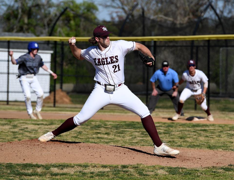 Snow Hill's Garrett Williams (21) pitches against Decatur Thursday, April 13, 2023, in Snow Hill, Maryland. The Seahawks defeated the Eagles 14-1.